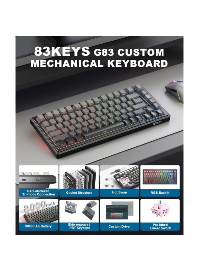 onikuma G83 Tri-Mode Wireless, Bluetooth & Wired RGB Gaming Mechanical Keyboards ,8000mAh - 75% Hot Swappable Custom Keyboard Pre-lubed Reaper Switches Side Printed PBT Keycaps (Black Gray) - Image 5